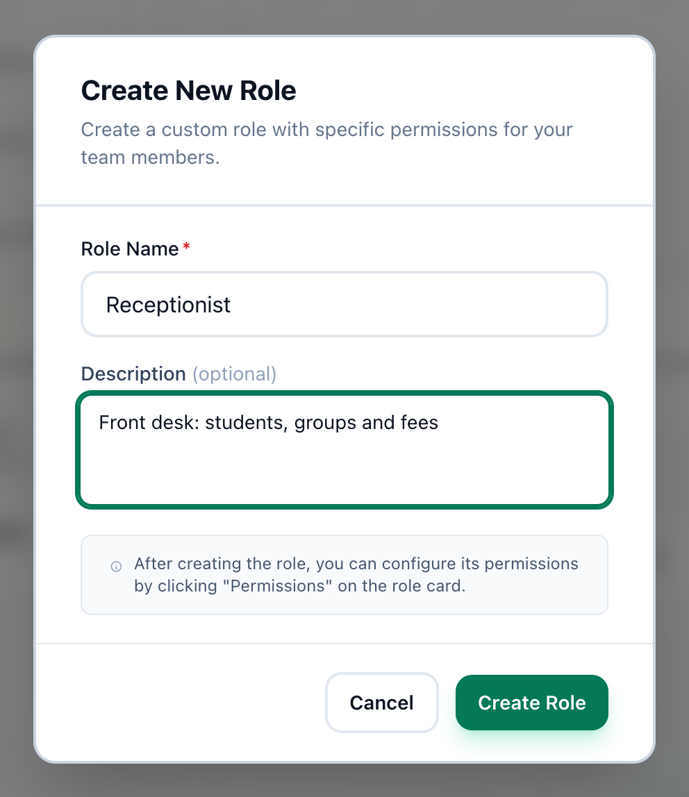 The Create New Role dialog filled in, with Role Name, Description and the Create Role button highlighted