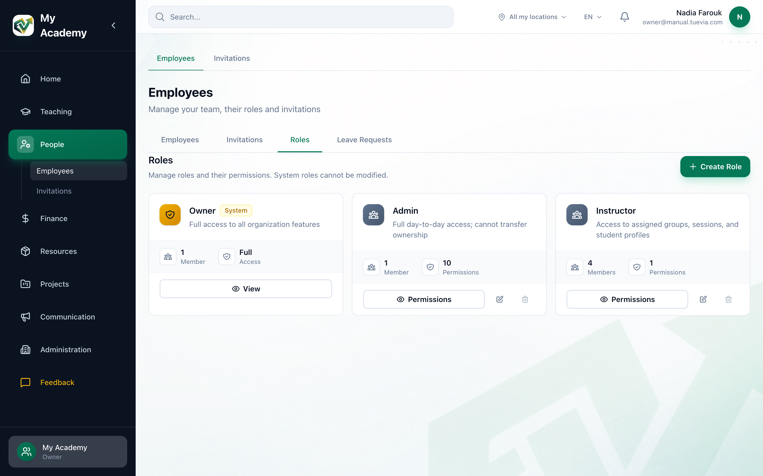 The Roles tab, with the Owner card, the Admin card and the Create Role button highlighted