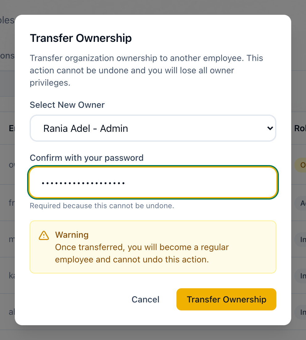 The Transfer Ownership dialog, with the new owner, the password and the Transfer Ownership button highlighted