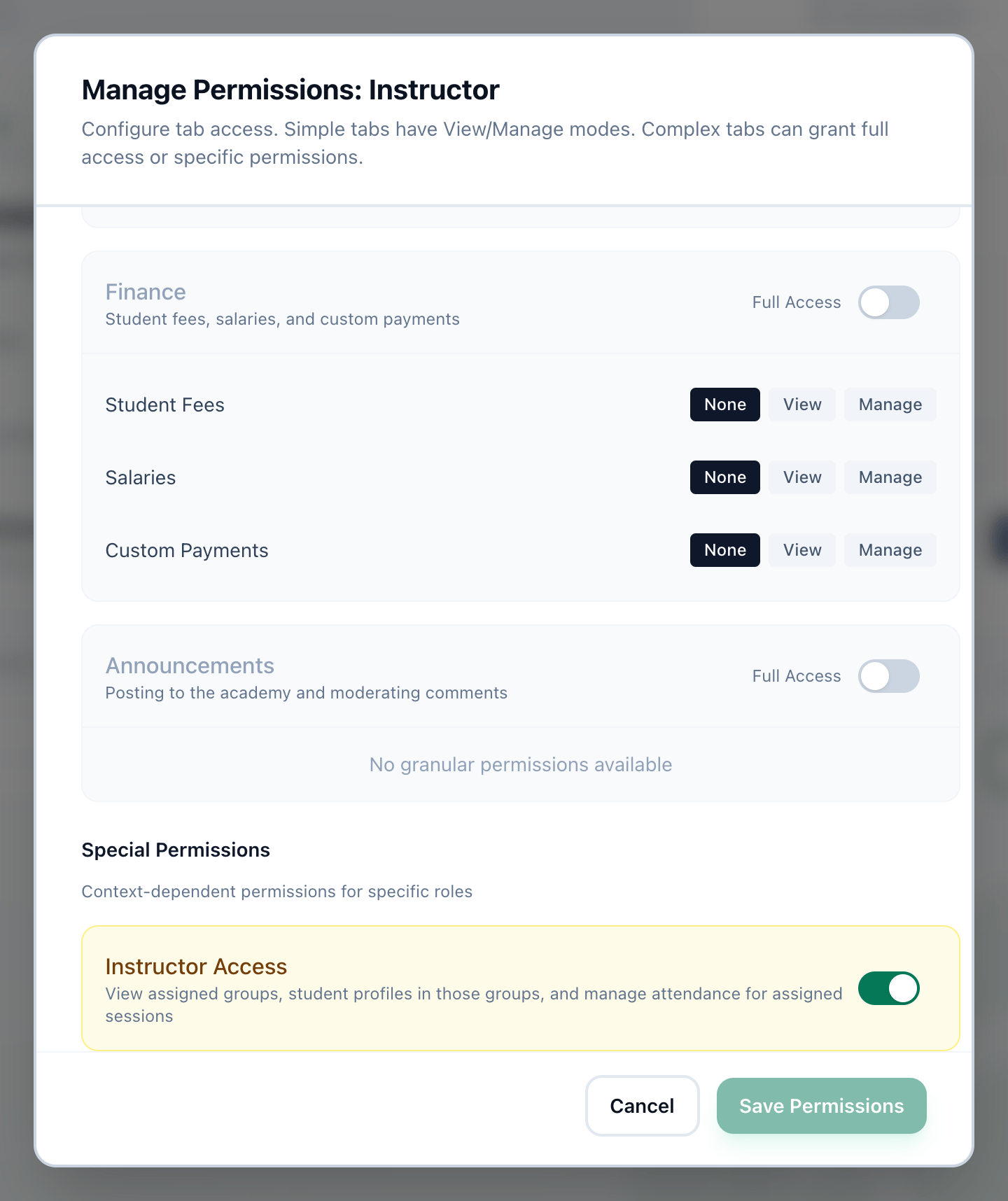 The bottom of the Manage Permissions dialog, with Instructor Access and Save Permissions highlighted