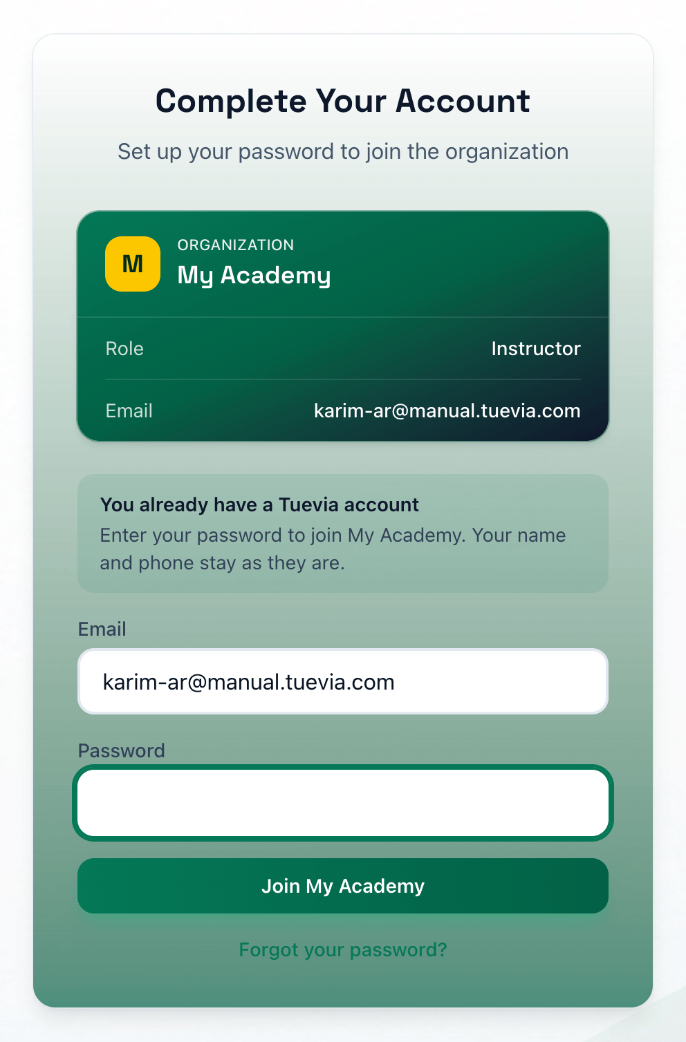The invitation page for an address that already has an account, with the invitation, the Password field and the Join button highlighted