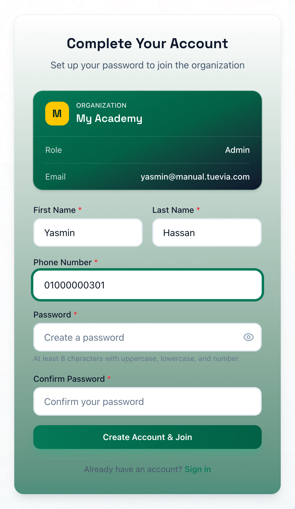 The Complete Your Account page, with the invitation, the name, phone and password fields and the Create Account and Join button highlighted