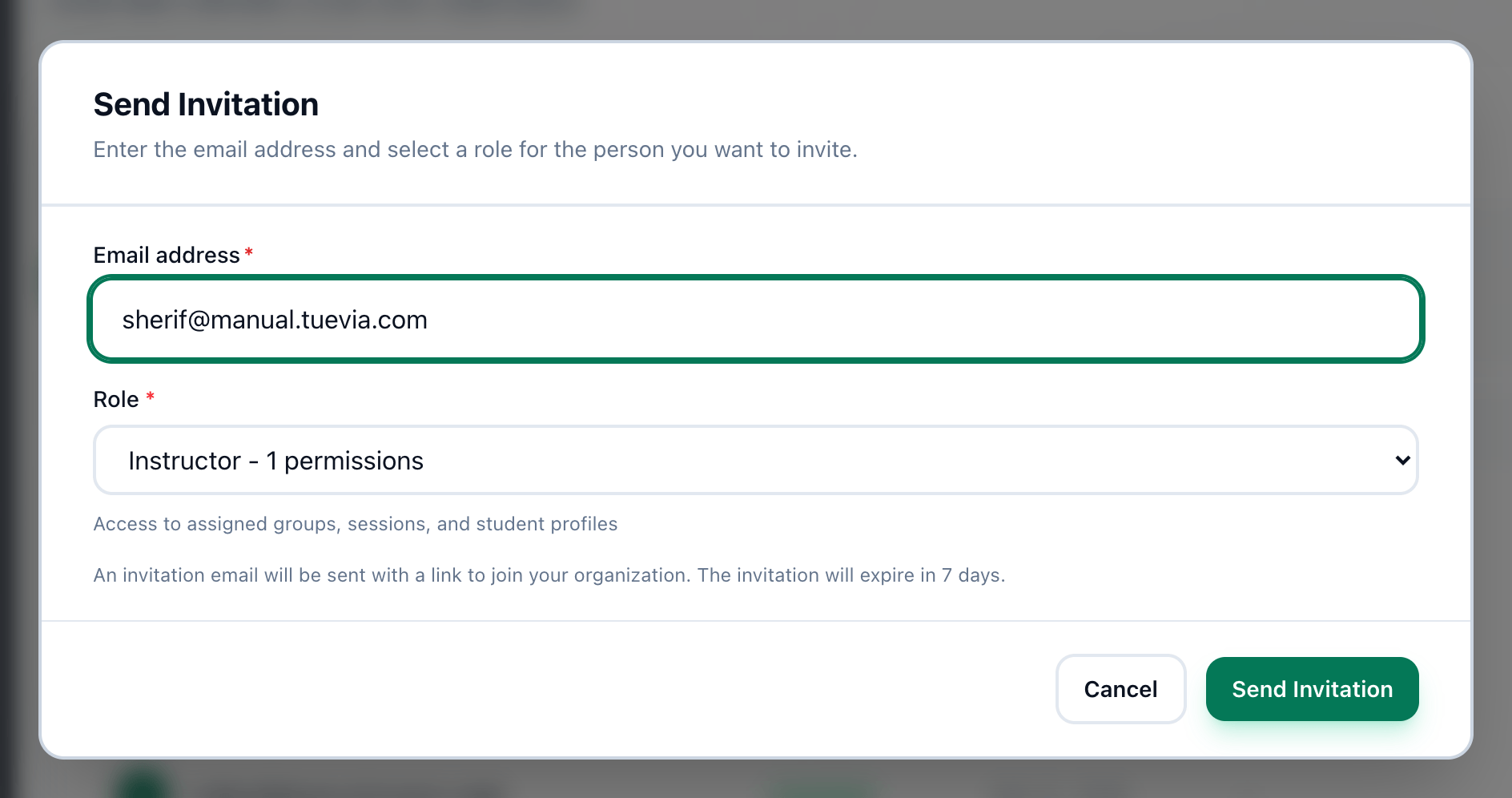 The Send Invitation dialog filled in, with the email address, the role and the Send Invitation button highlighted