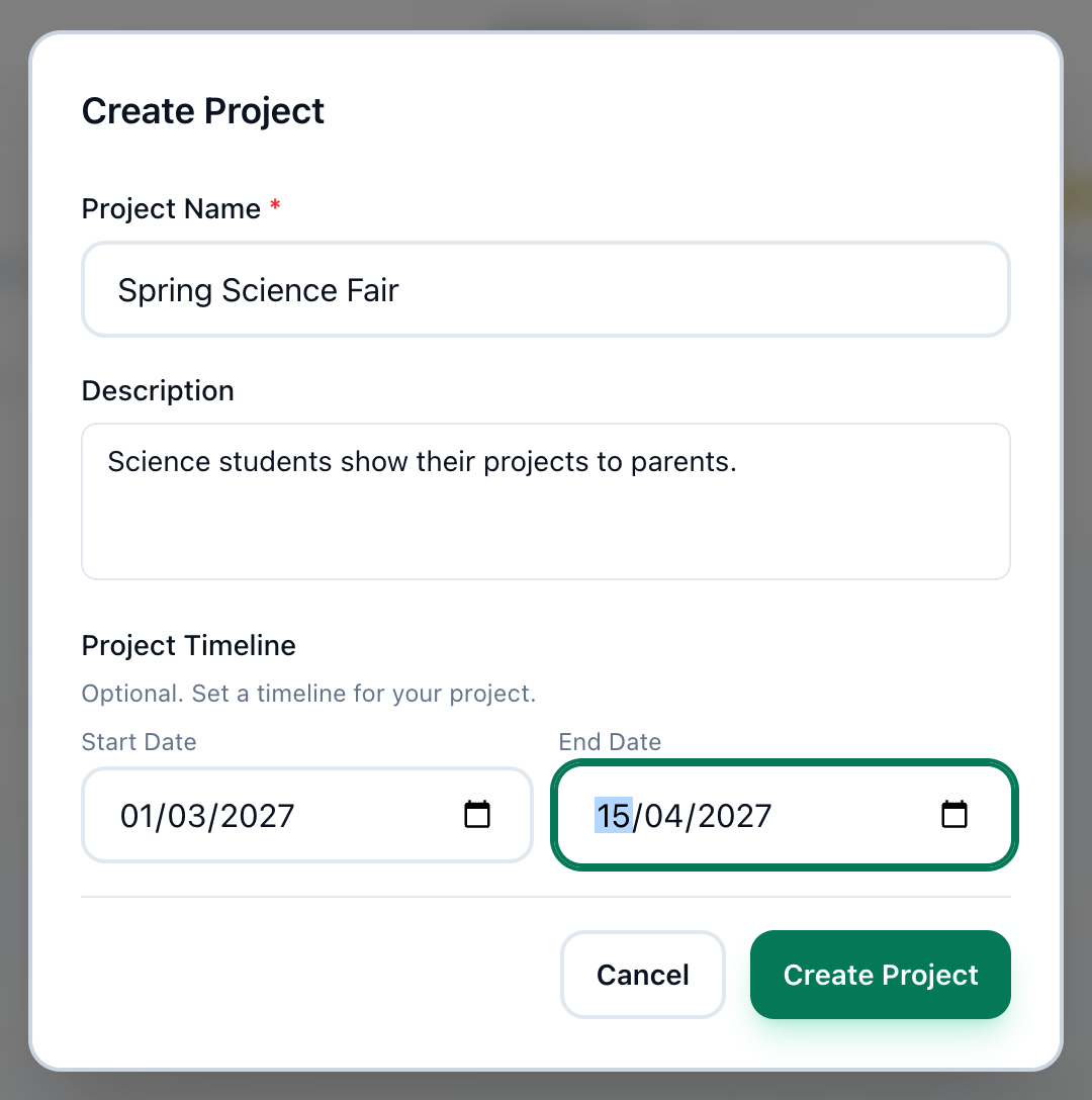 The Create Project window, with the name, description, both dates and the Create Project button highlighted