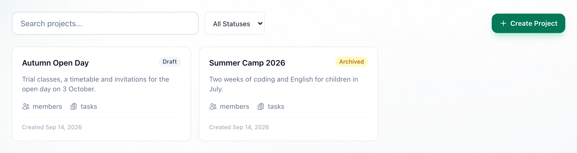 The Projects page, with the search box, the status list and a project card highlighted