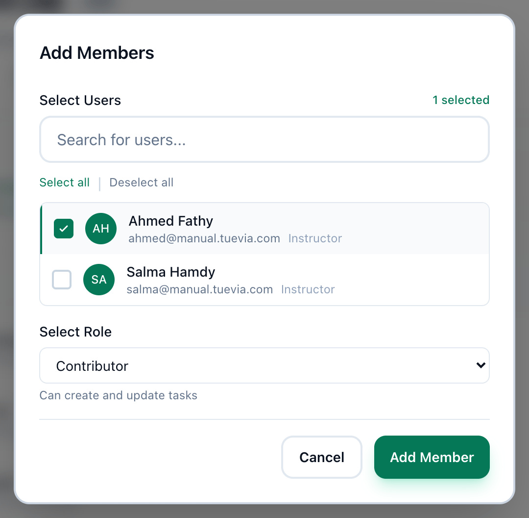 The Add Members window, with the list of staff, the Select Role list and the Add Member button highlighted