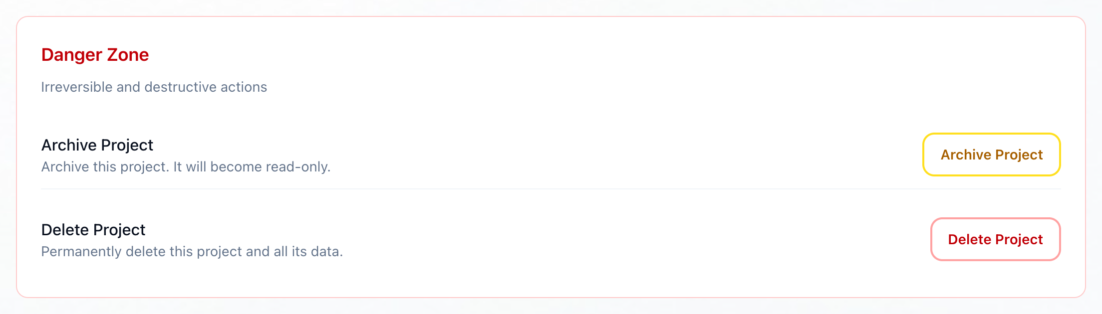 The Danger Zone of Project Settings, with the Archive Project button highlighted
