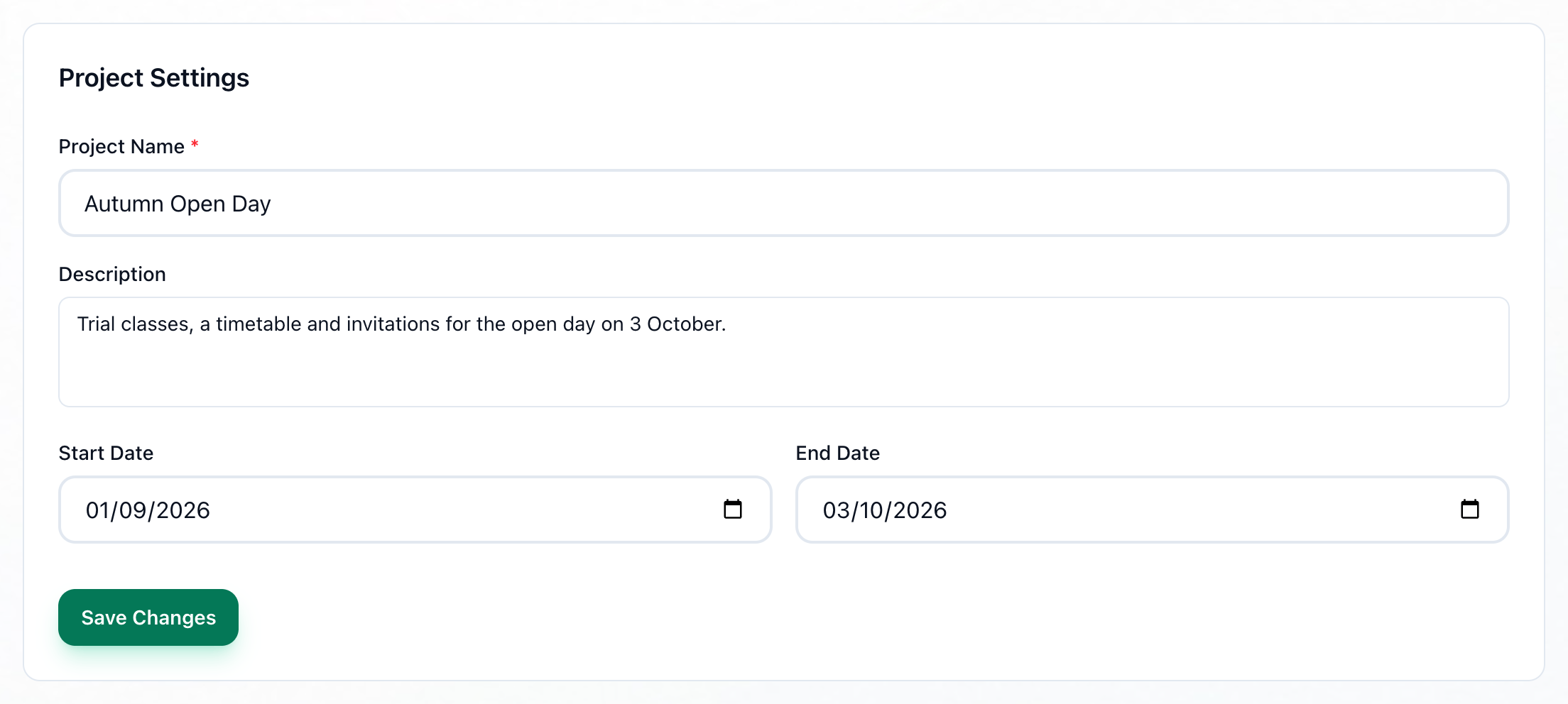 Project Settings, with the name, description, both dates and the Save Changes button highlighted
