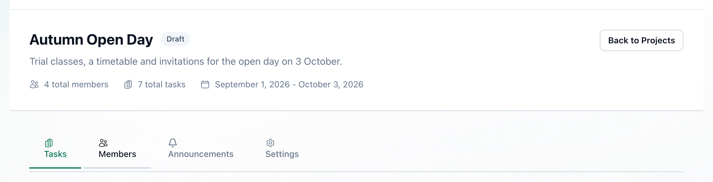 The top of a project's page, with its tabs highlighted