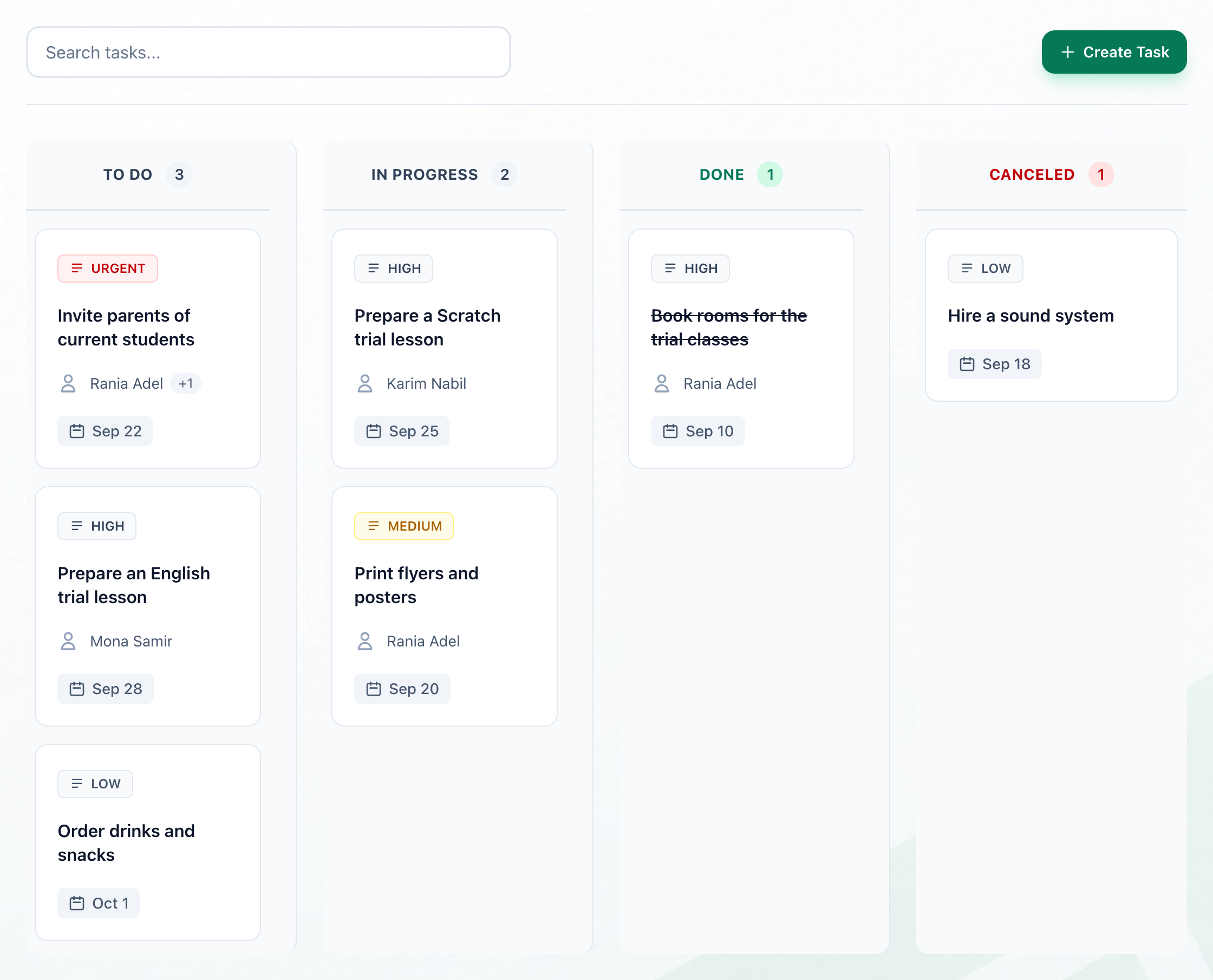 A project's Tasks tab, with the search box and the board of four columns highlighted