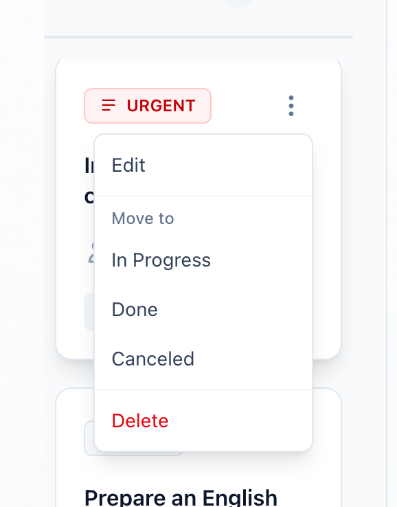 A task's card with its menu open, showing Edit, the other columns under Move to, and Delete