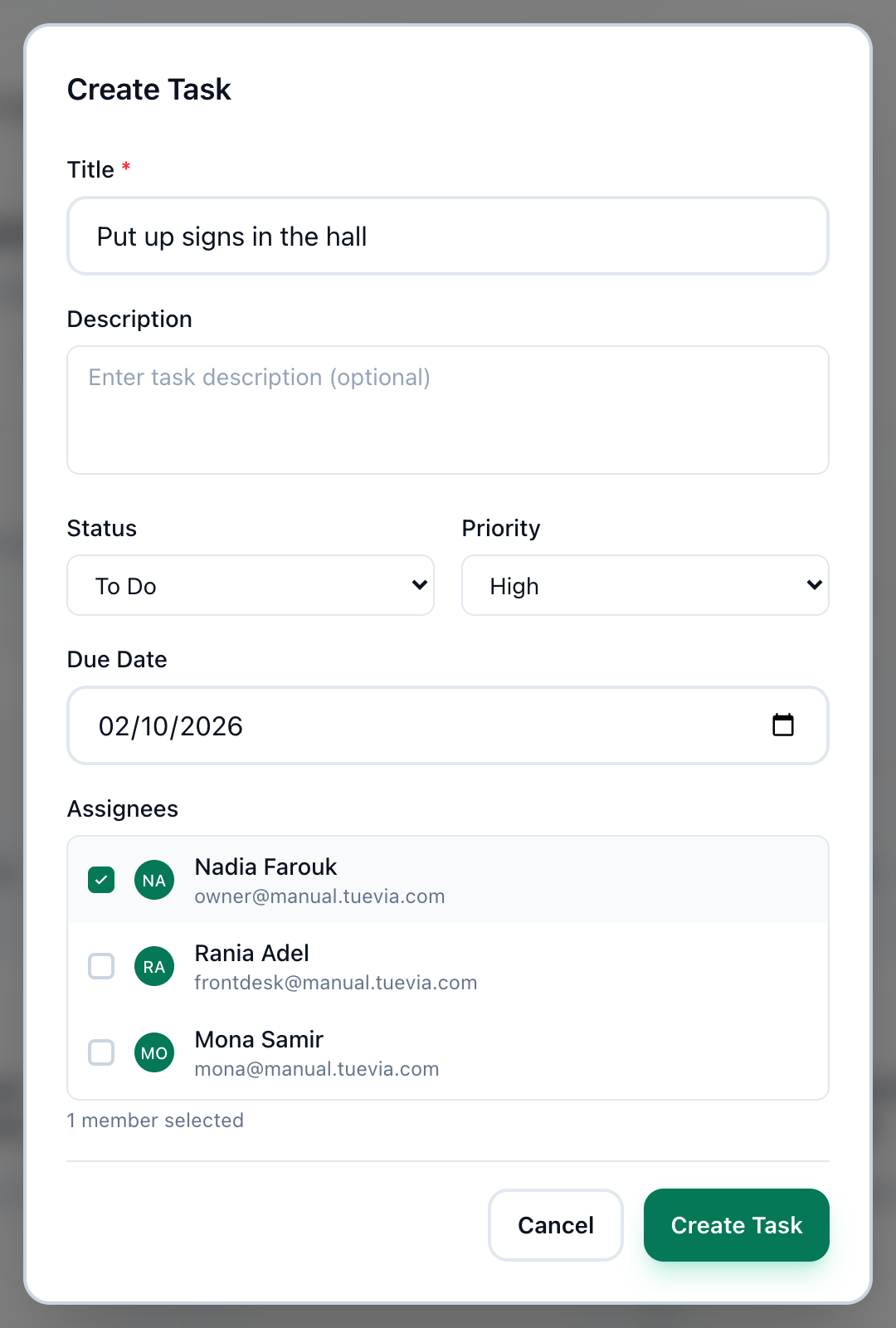 The Create Task window filled in, with the title, status, priority, due date, assignees and the Create Task button highlighted