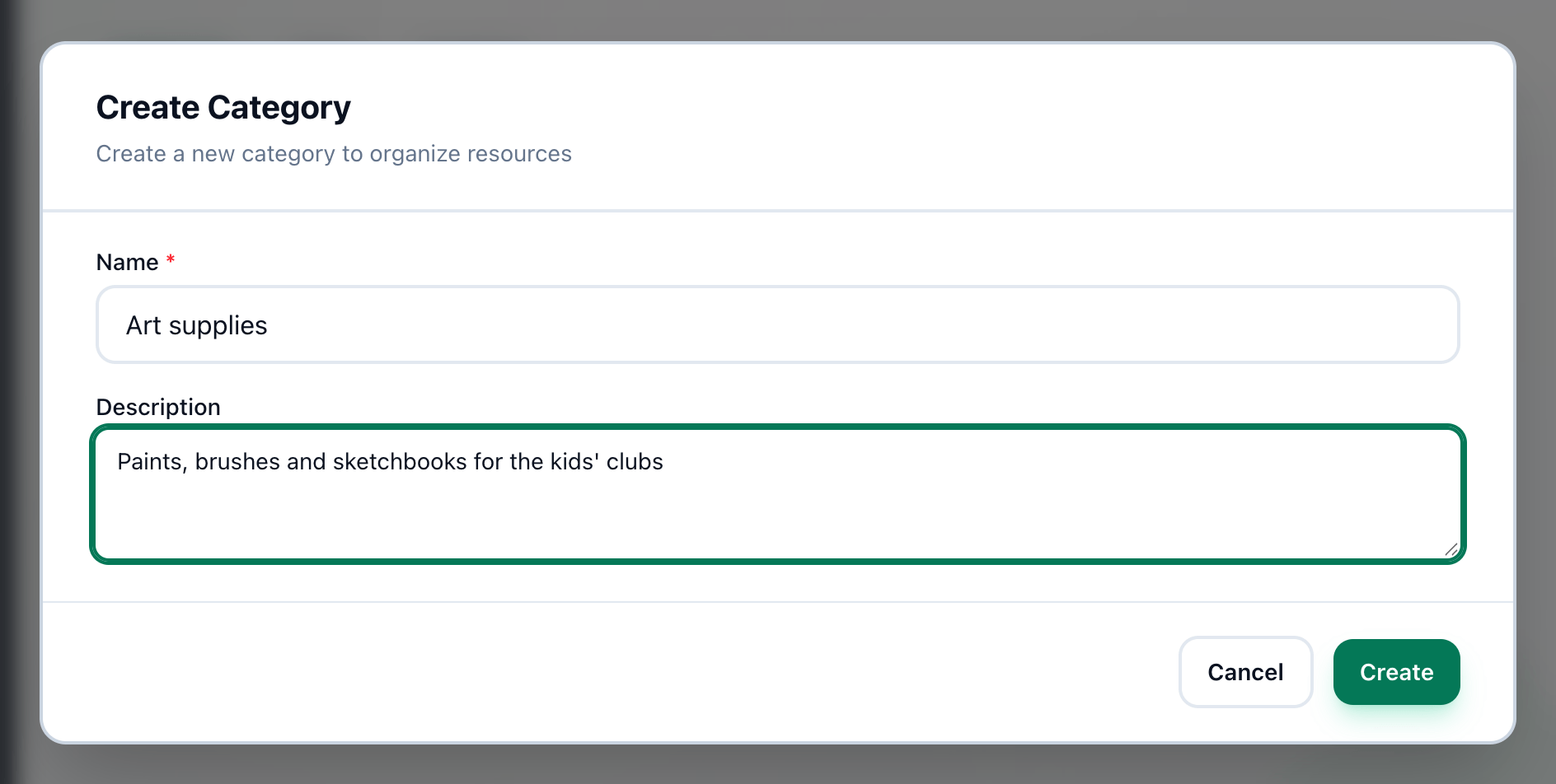 The Create Category dialog filled in, with Name, Description and the Create button highlighted