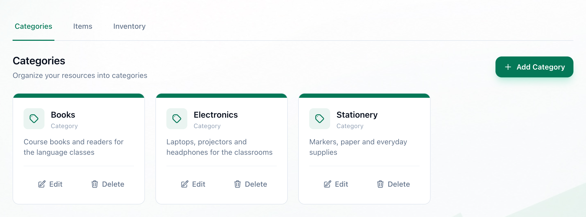 The Resources page on the Categories tab, with the tab and the Add Category button highlighted