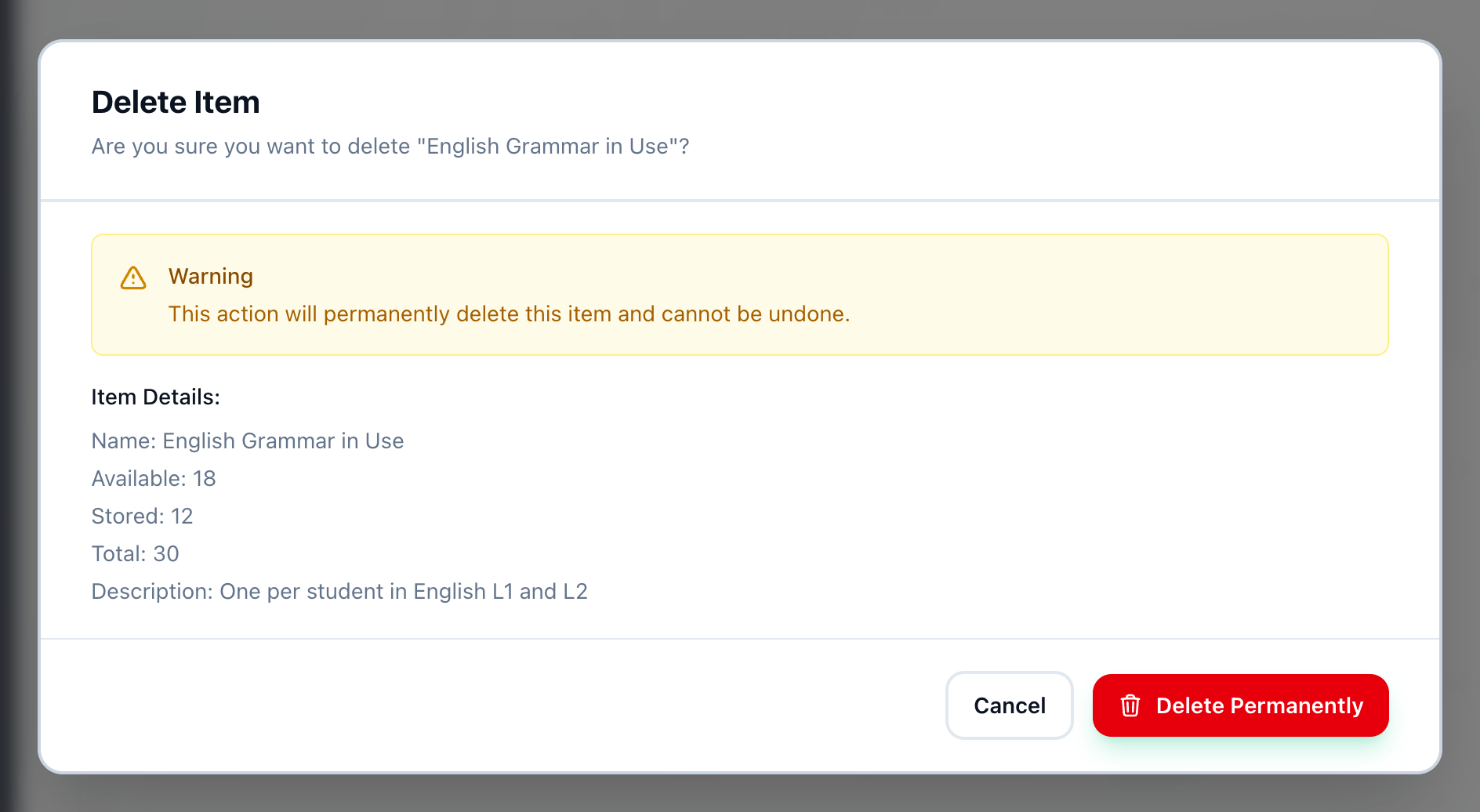 The Delete Item dialog, with the item's details, a warning, and the Delete Permanently button highlighted