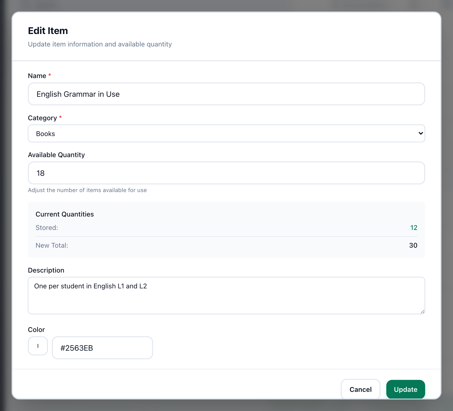 The Edit Item dialog, with Available Quantity, Current Quantities and the Update button highlighted