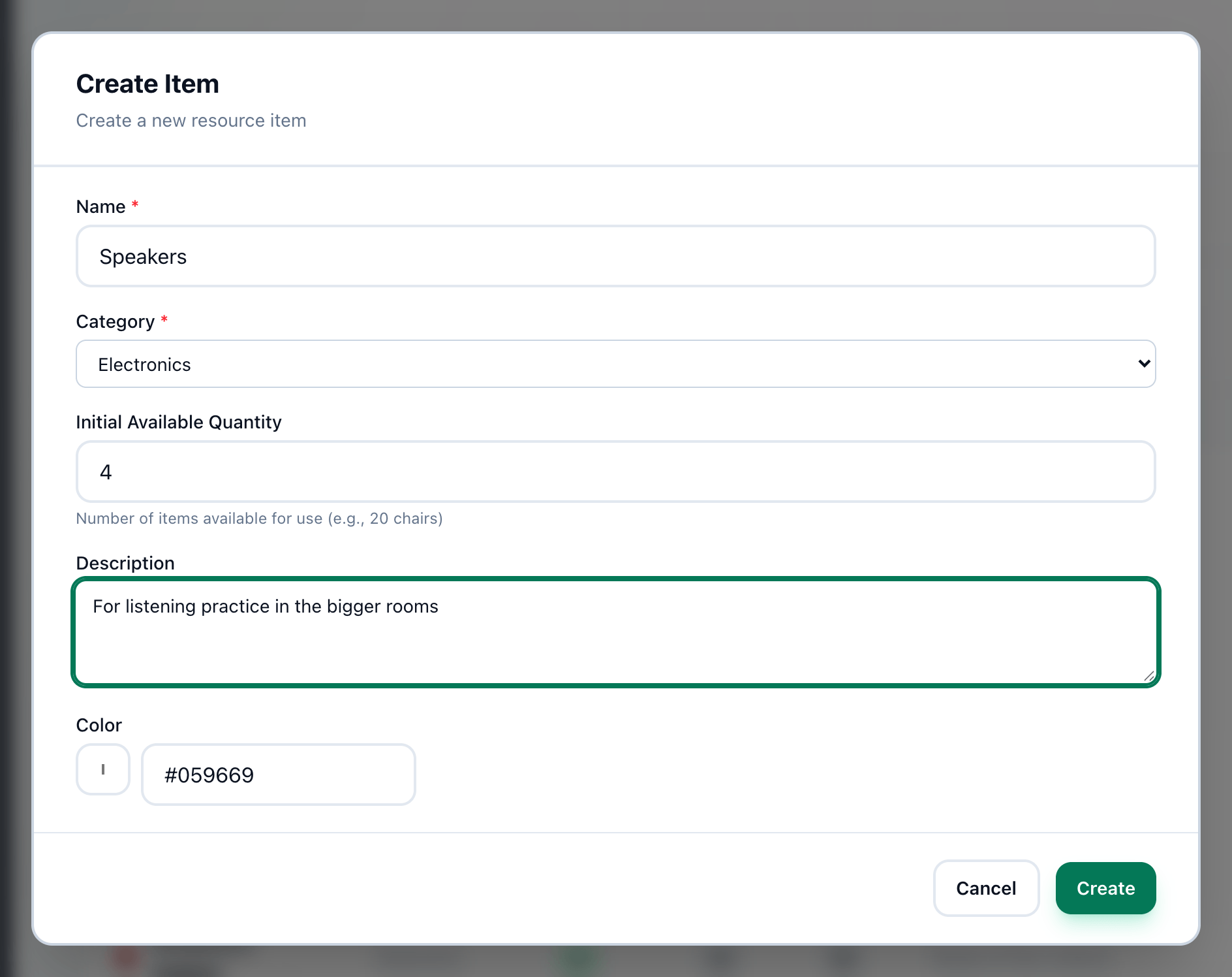 The Create Item dialog filled in, with its fields and the Create button highlighted
