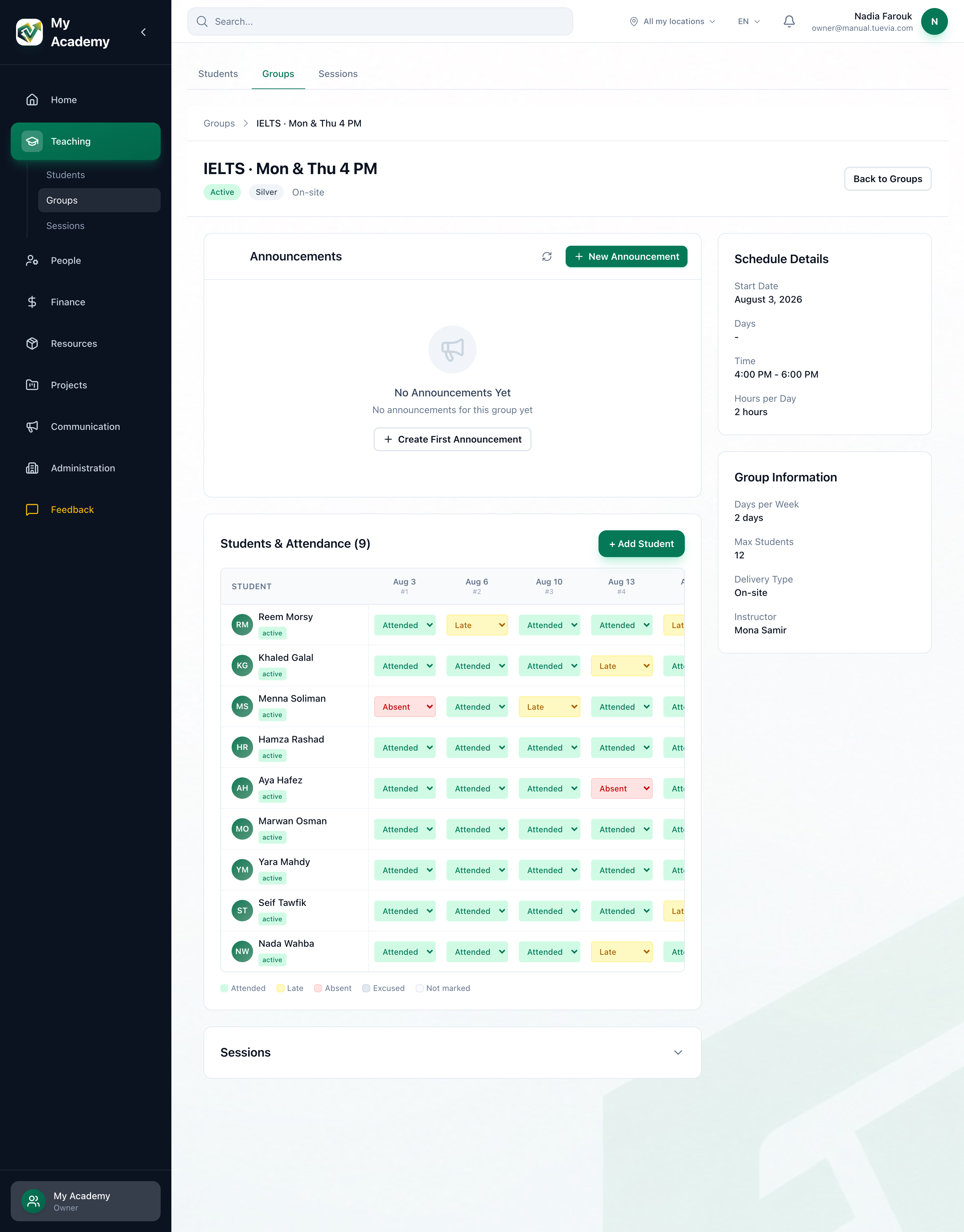 A group's page, with its status, the Announcements card, the Students and Attendance card, Schedule Details and Group Information highlighted