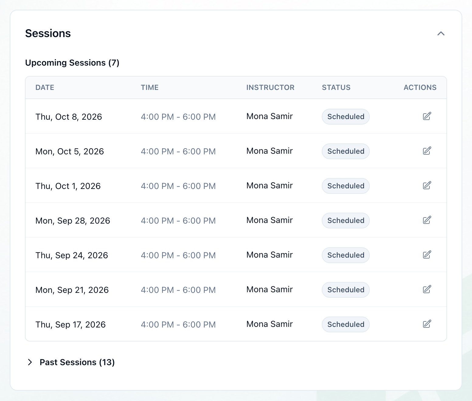 The Sessions card open on a group's page, listing upcoming sessions with their date, time, instructor and status