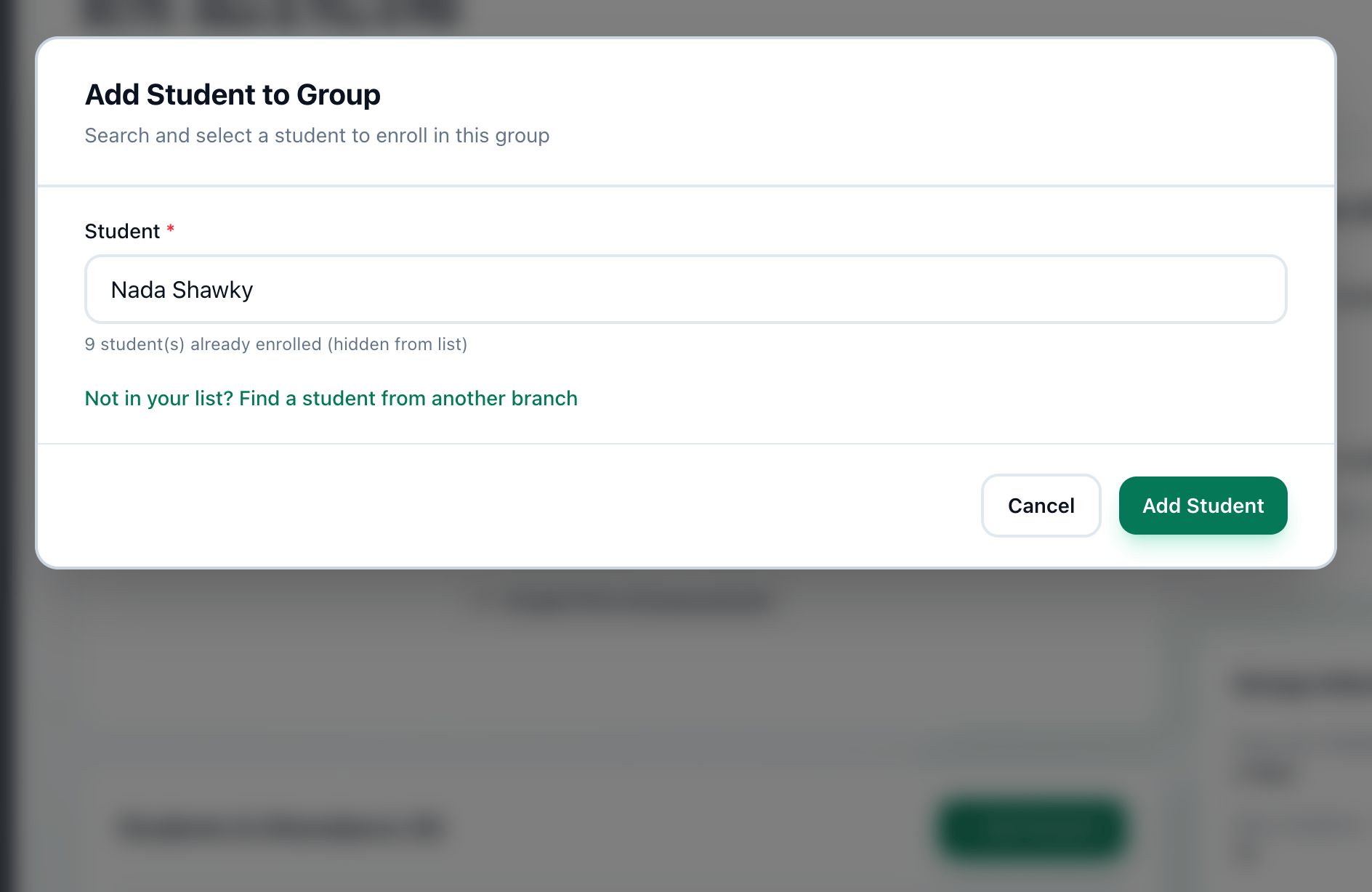 Add Student to Group open over a group's page, with a student chosen in the Student field and the Add Student button highlighted