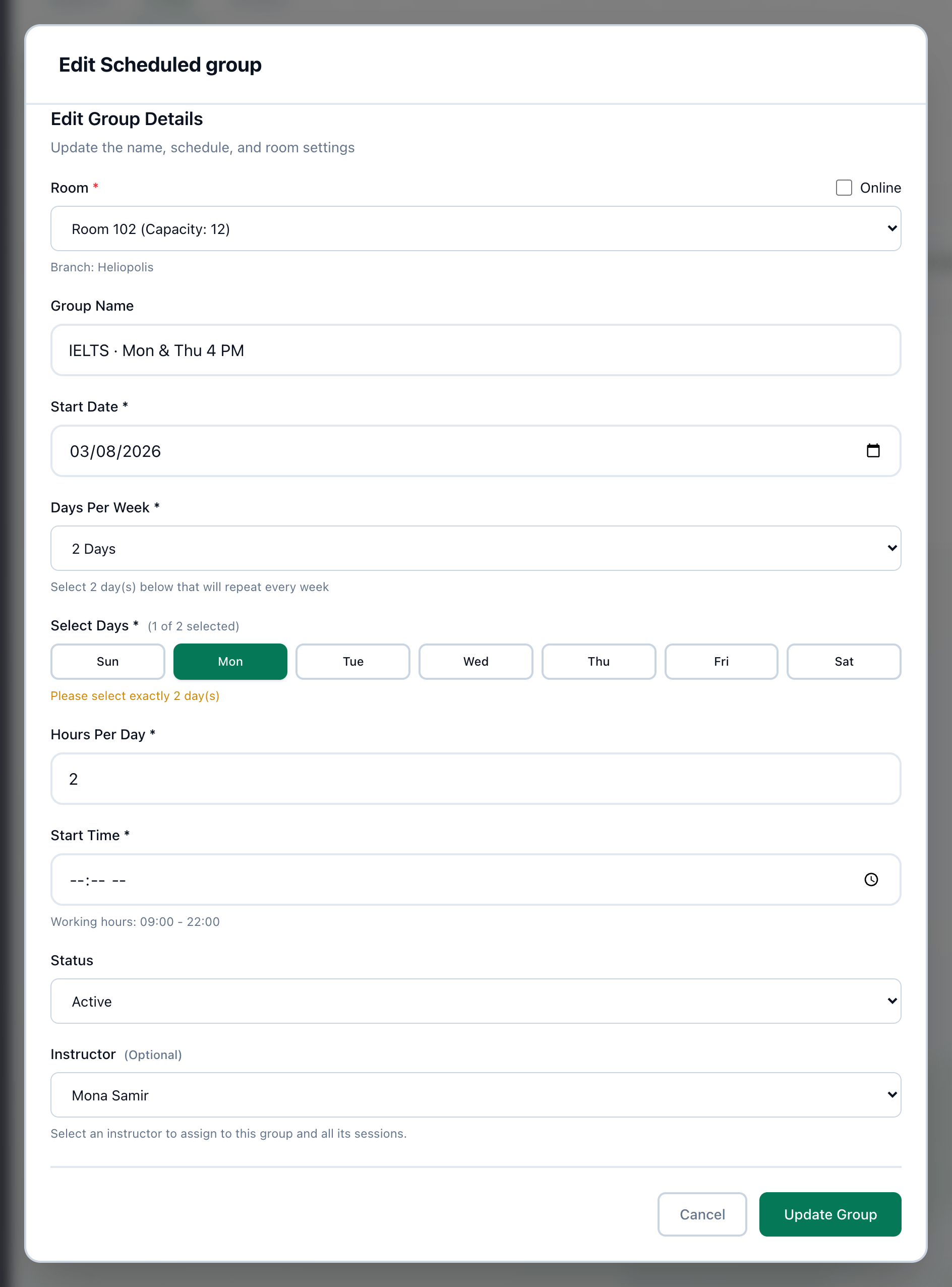 Edit Scheduled group, with the Status and Instructor fields and the Update Group button highlighted