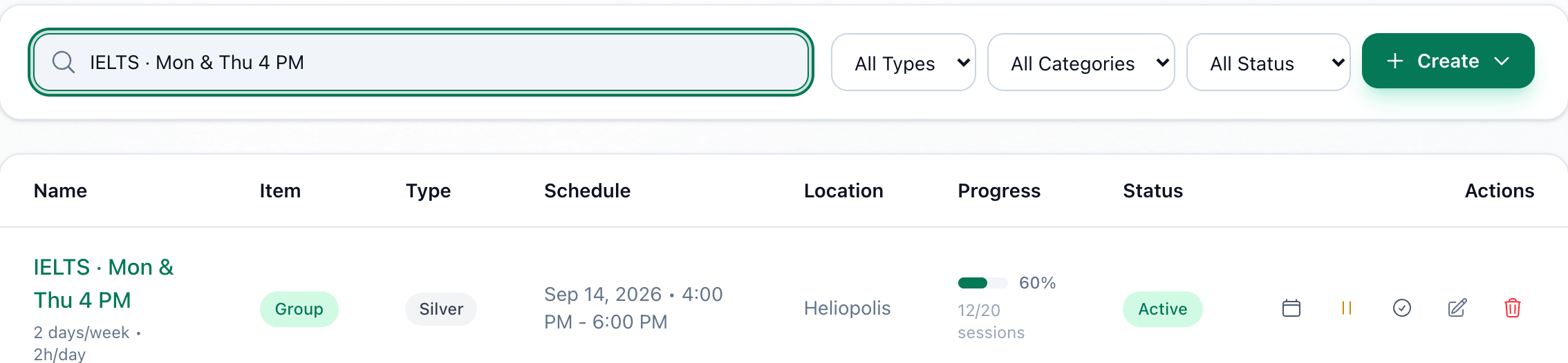 A group's row in Groups List, with its View Sessions, Suspend, End, Edit and Delete buttons highlighted