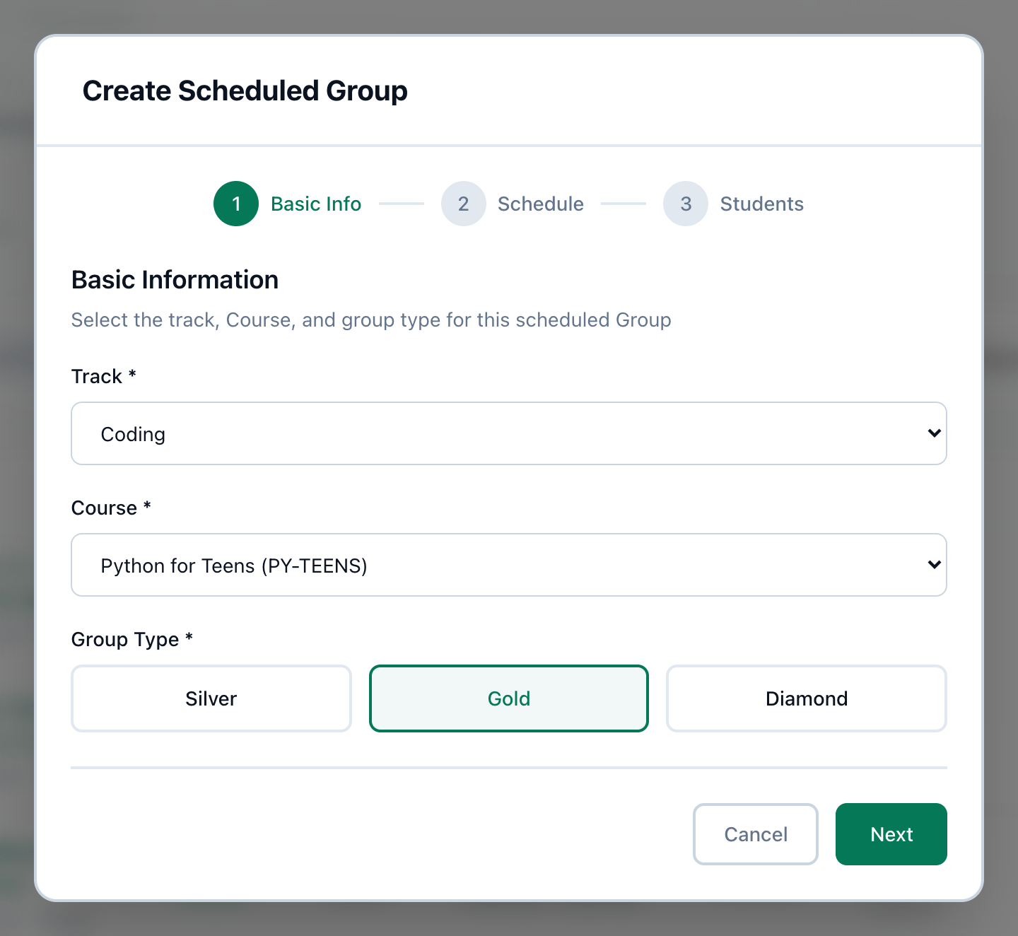 The first step of Create Scheduled Group, with the Track, Course and Group Type fields highlighted