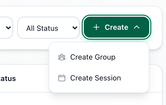 The Create menu open on Groups List, with Create and Create Group highlighted