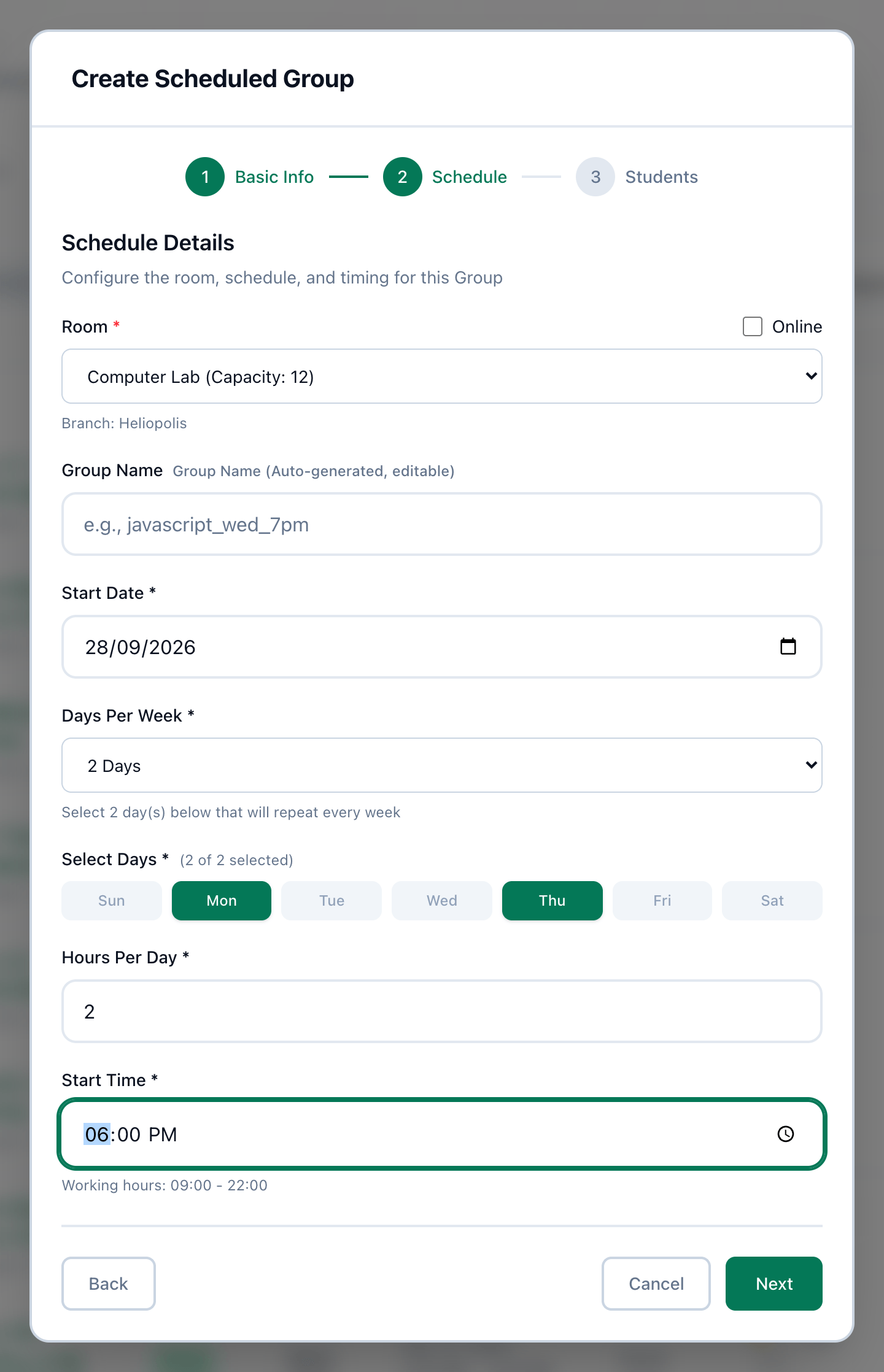 The second step, Schedule, filled in, with Room, Start Date, Days Per Week, the days, Hours Per Day and Start Time highlighted