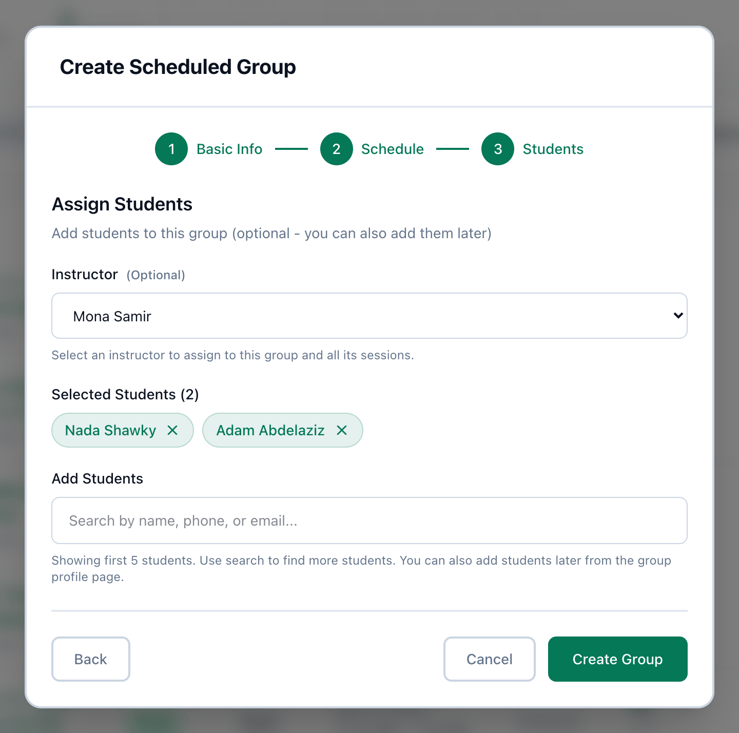 The third step, Students, with an instructor chosen, two students selected, and the Create Group button highlighted