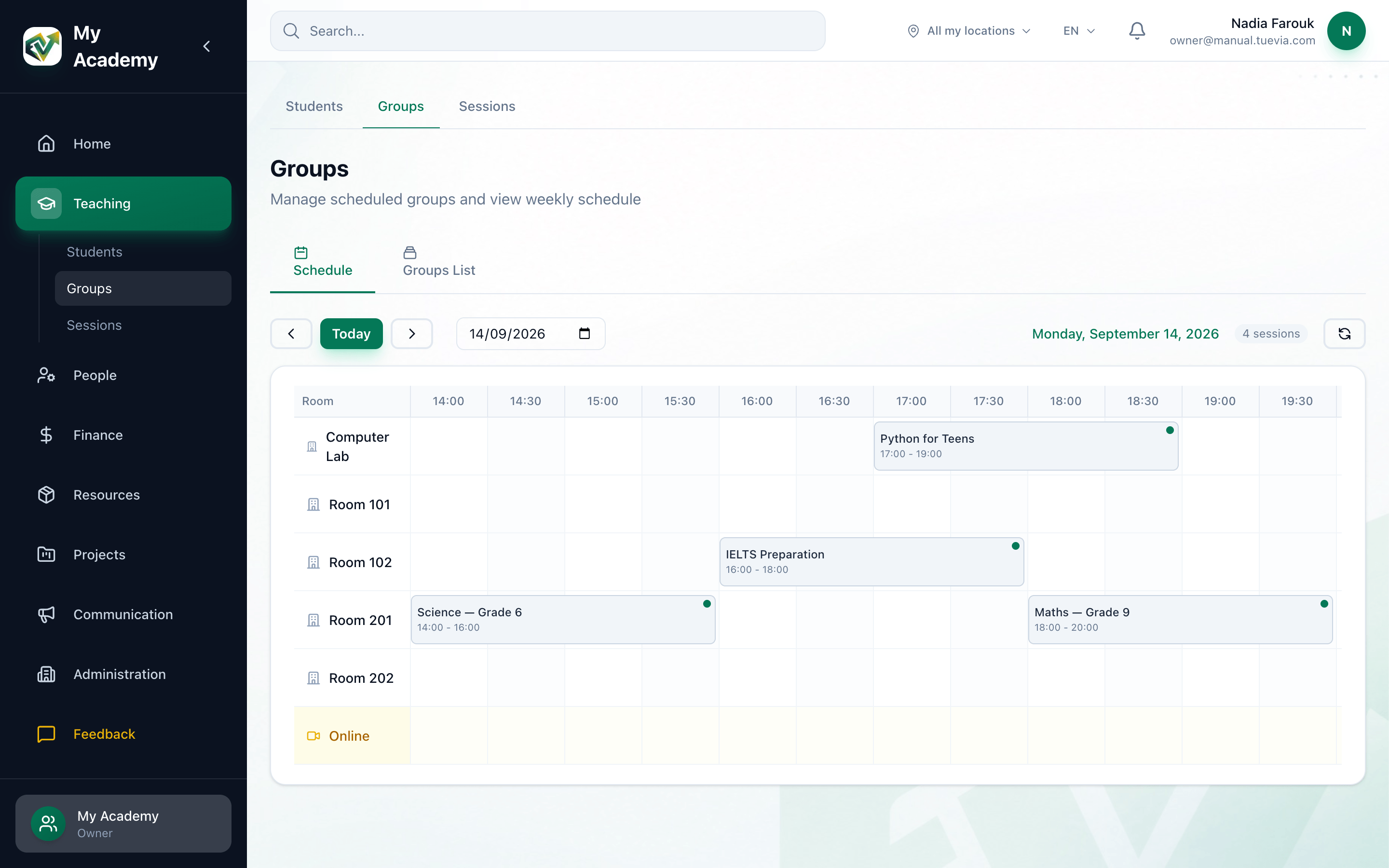 The Schedule tab: rooms down the side and times across the top, with the Schedule tab, the Today button, the date field and a session highlighted
