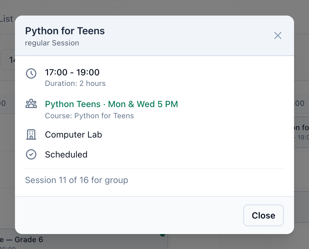 A session's details: its time, its group and course, its room and its status, with the group's name highlighted