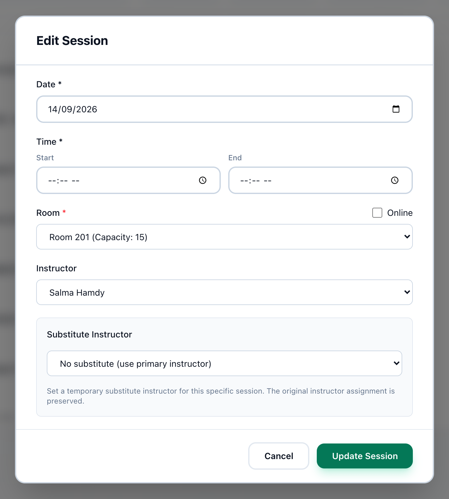 Edit Session for a group's session, with the Date, Start, End and Room fields and the Update Session button highlighted