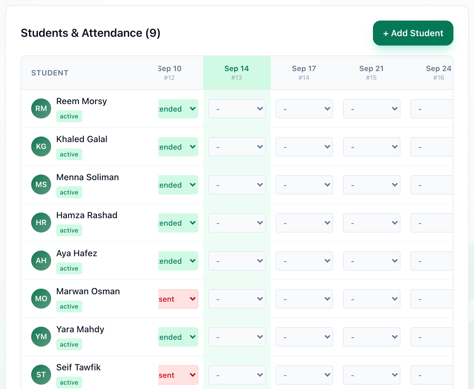 Students and Attendance on a group's page, with a status list in today's column highlighted