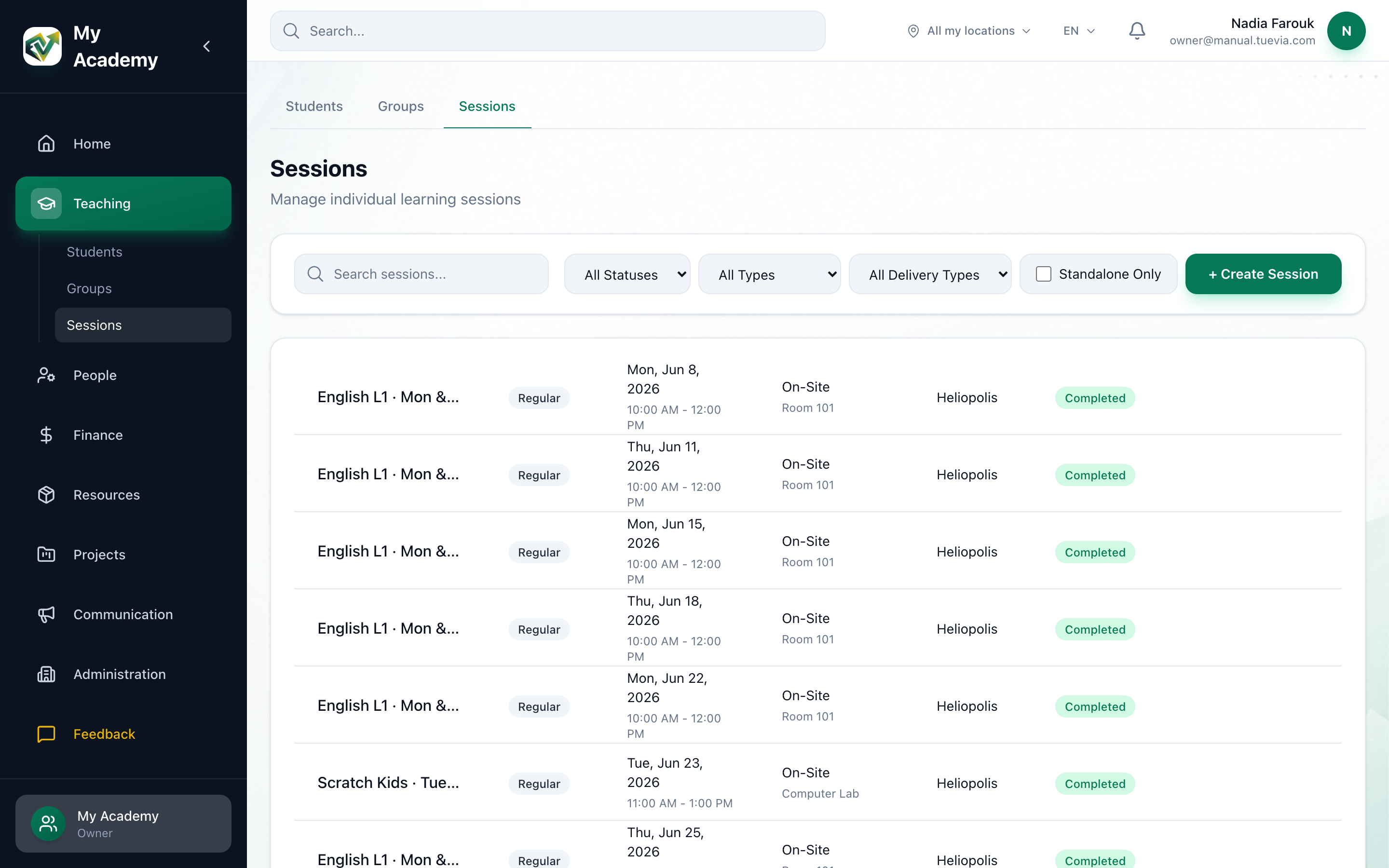 The Sessions page, with the search field, the status, type and delivery filters and Standalone Only highlighted