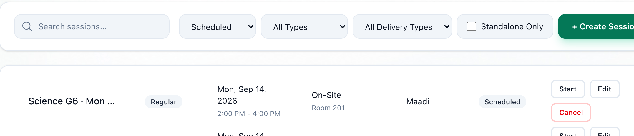 A scheduled session's row, with its Start, Edit and Cancel buttons highlighted