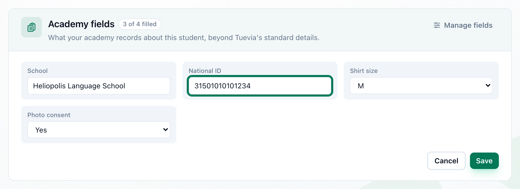 The Academy fields card while editing, with an input under each field and the Save button highlighted