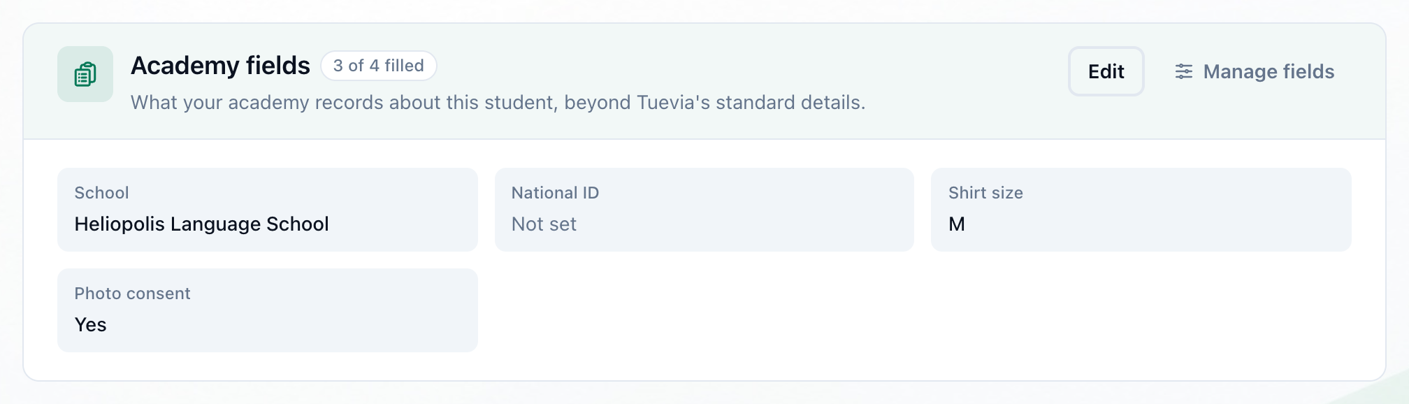 The Academy fields card, with the Manage fields button highlighted