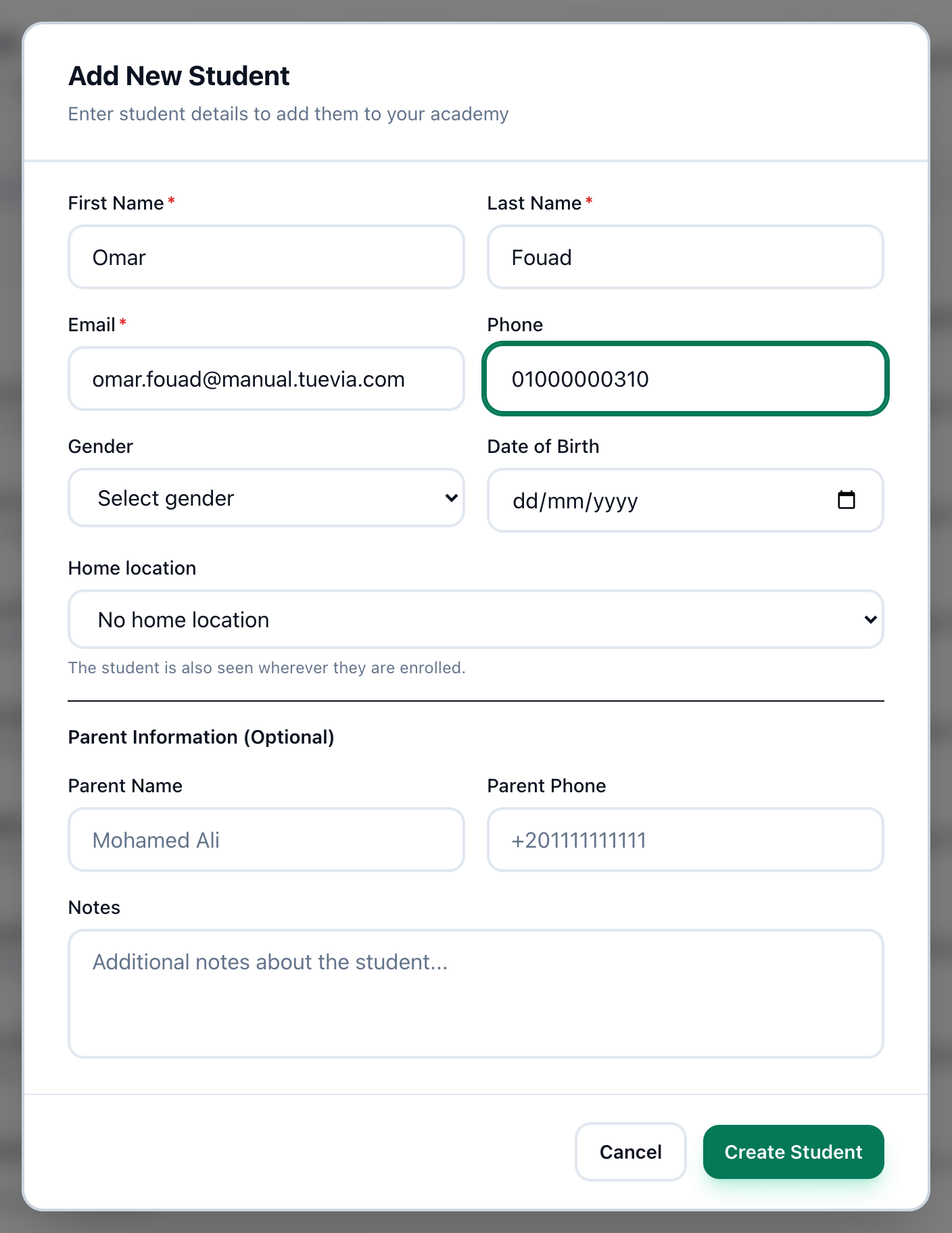 The Add New Student form filled in, with First Name, Last Name, Email and the Create Student button highlighted