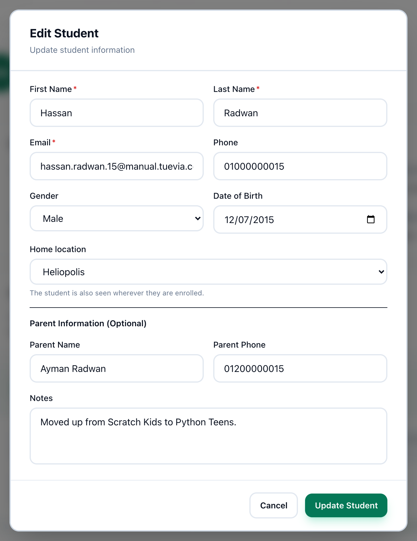 The Edit Student form with the student's details, with the Update Student button highlighted