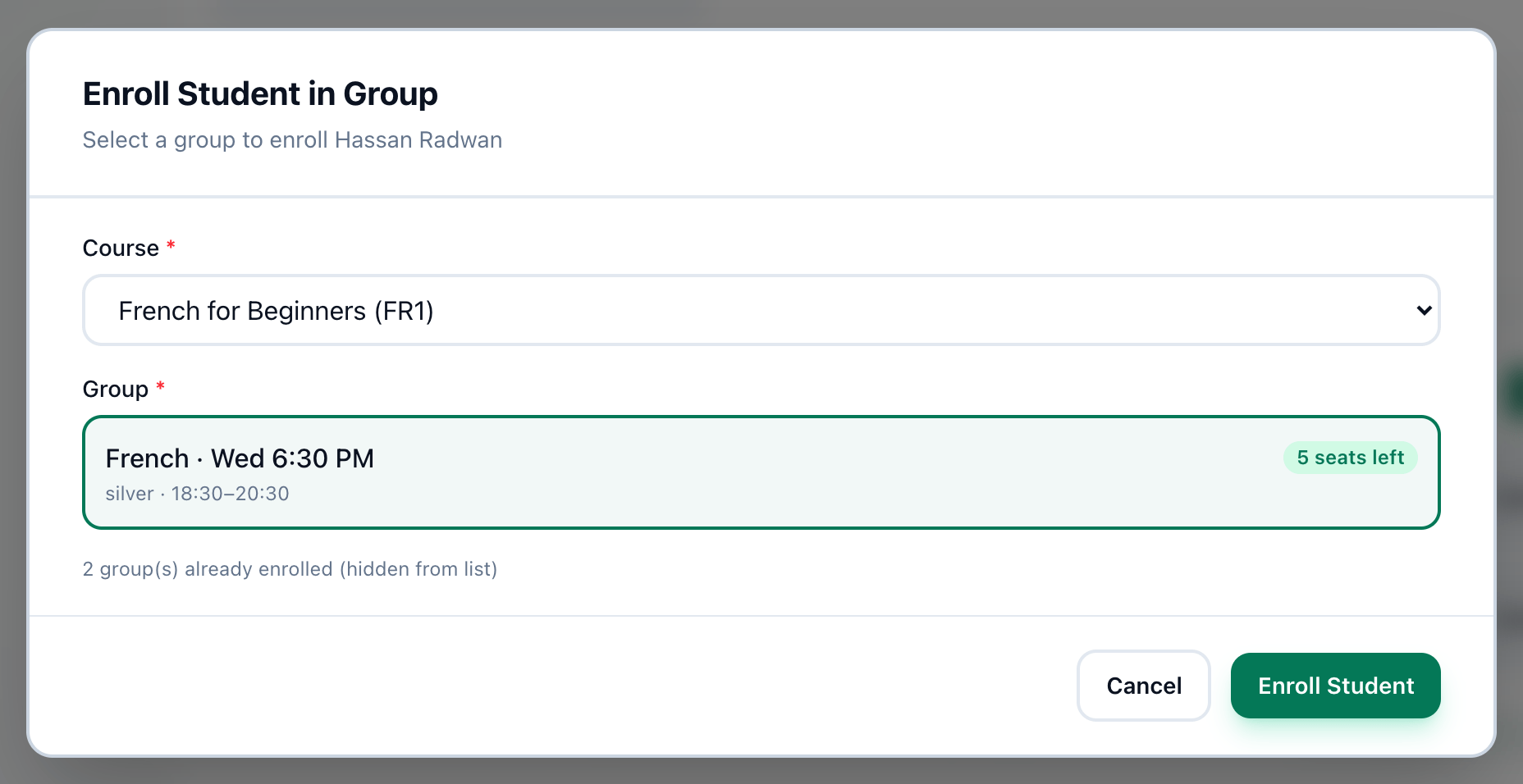 The Enroll Student in Group window with a course chosen and a group selected, showing its free seats, with Course, the group and Enroll Student highlighted