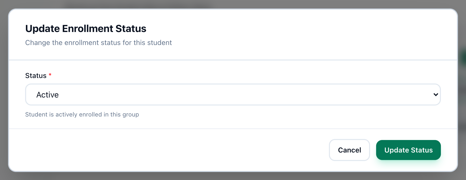 The Update Enrollment Status window, with the Status menu and Update Status highlighted