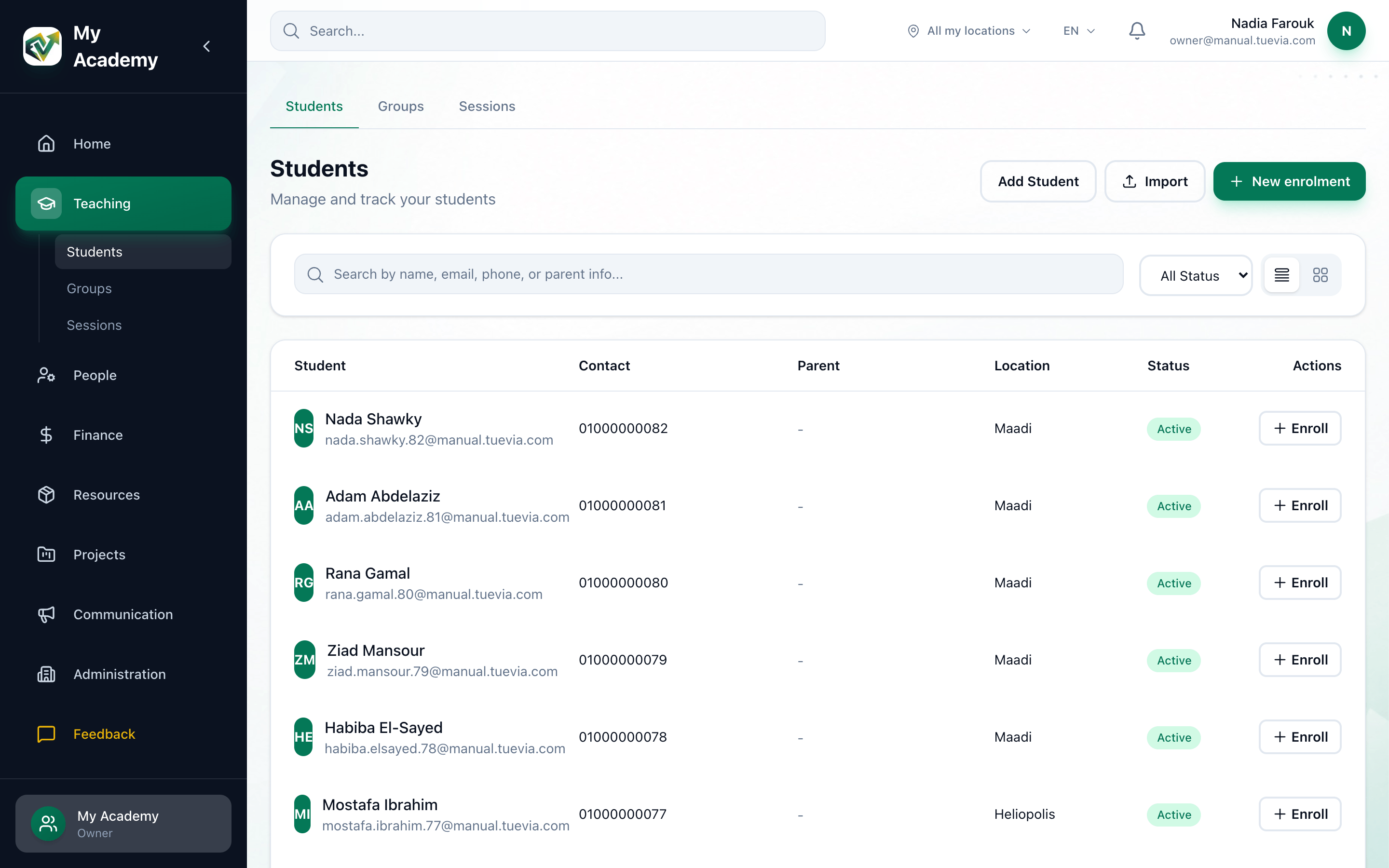 The Students page, with the search box, the status menu and the table and cards buttons highlighted
