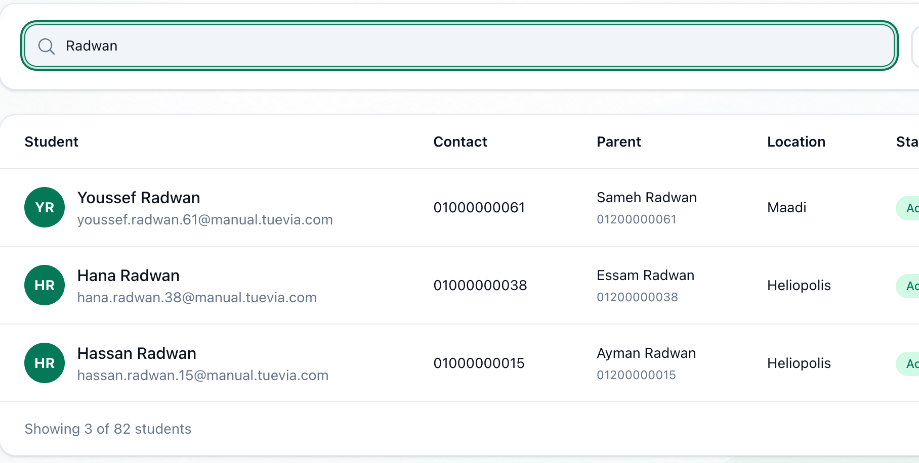 The students list narrowed by a family name typed into the search box, with the student's name highlighted