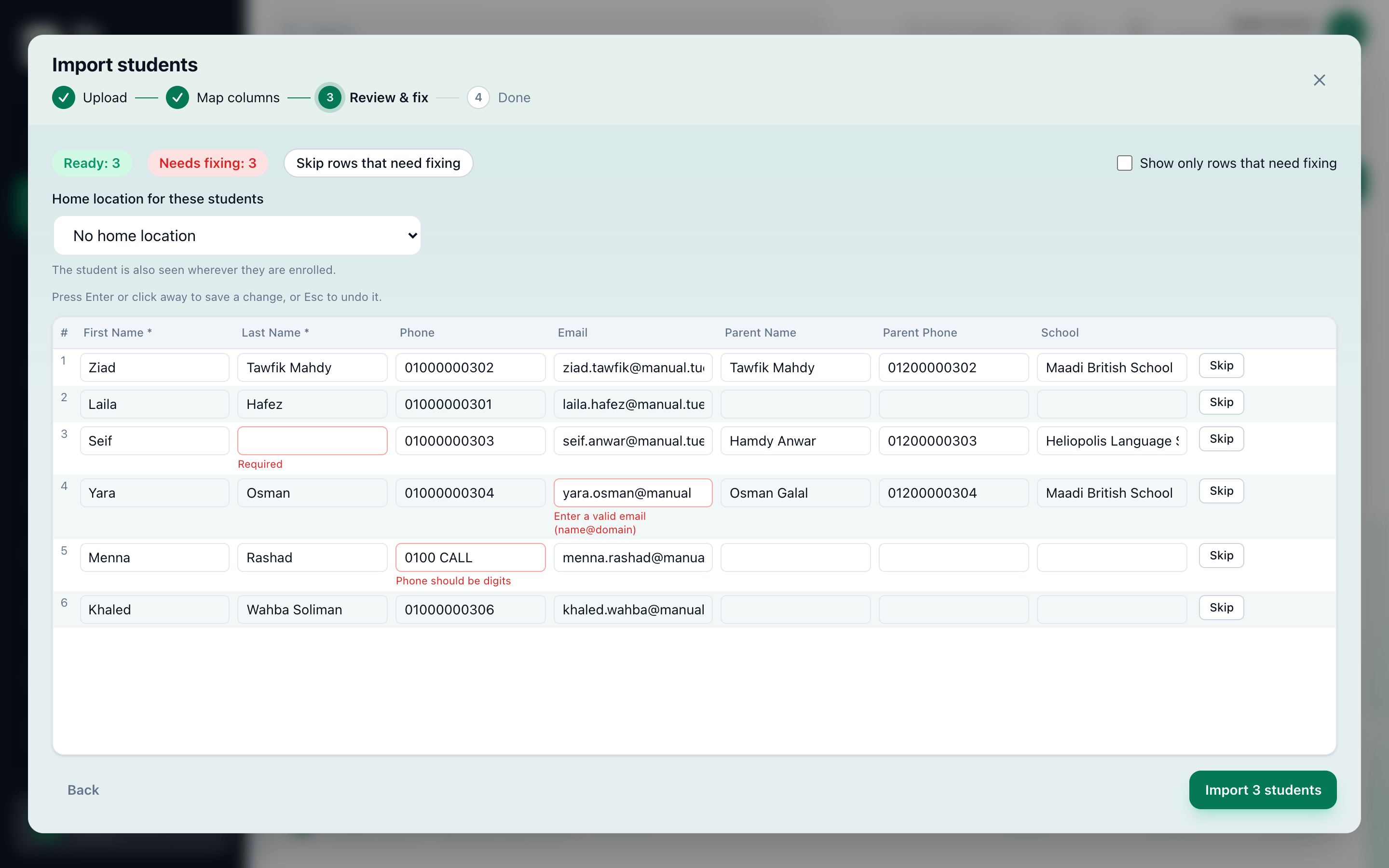 The Review and fix step: a grid of rows with the ready and needs-fixing counts, a cell marked Required, and Skip rows that need fixing and Import highlighted