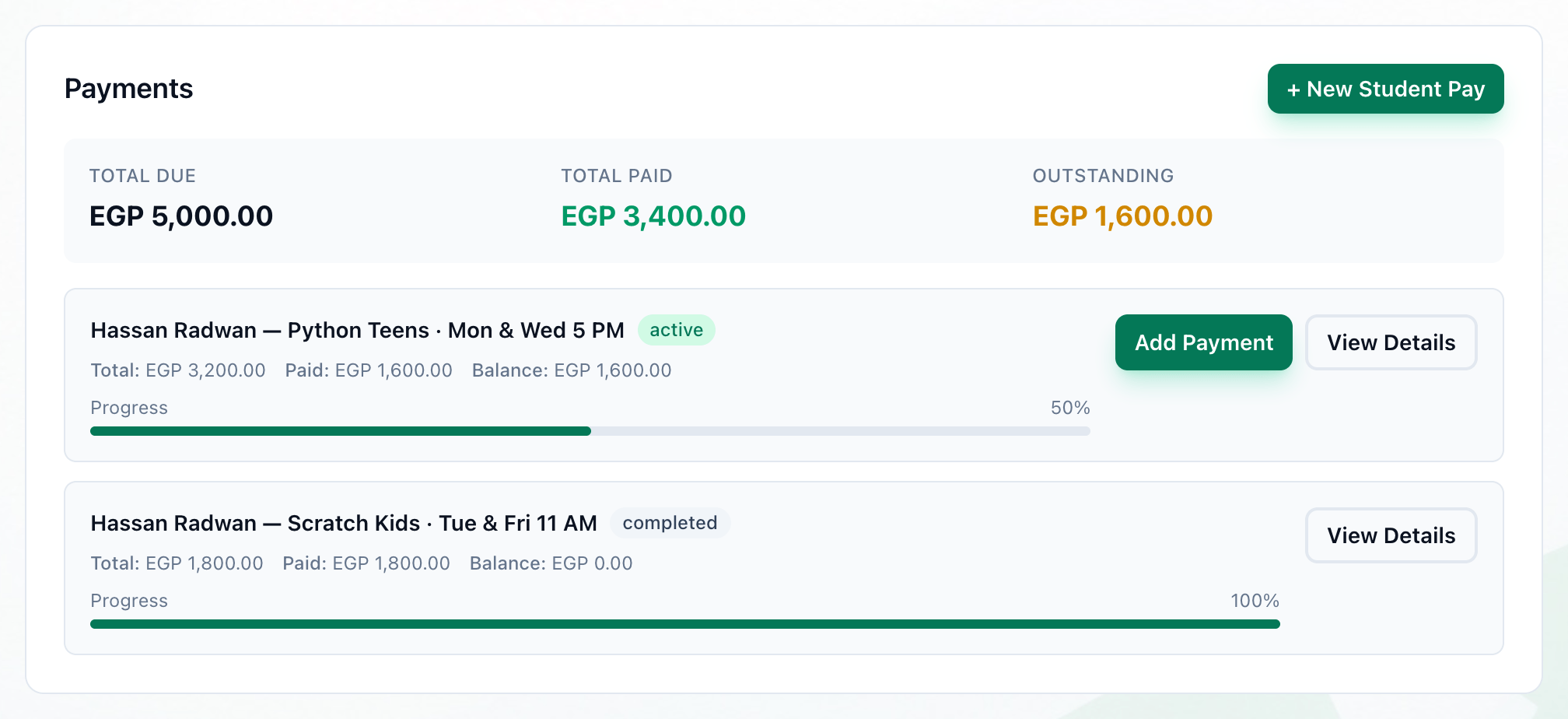 The Payments card, with the totals, the Add Payment button and the View Details button highlighted